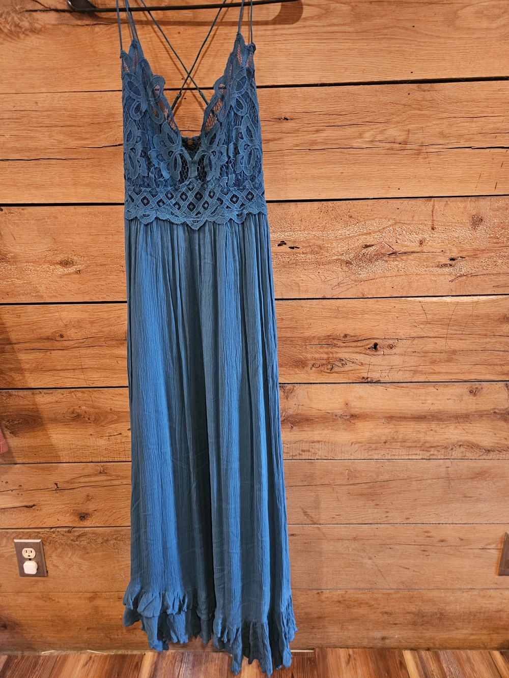 Free People Adella Lace Maxi Slip Dress in Teal with Crisscross Straps